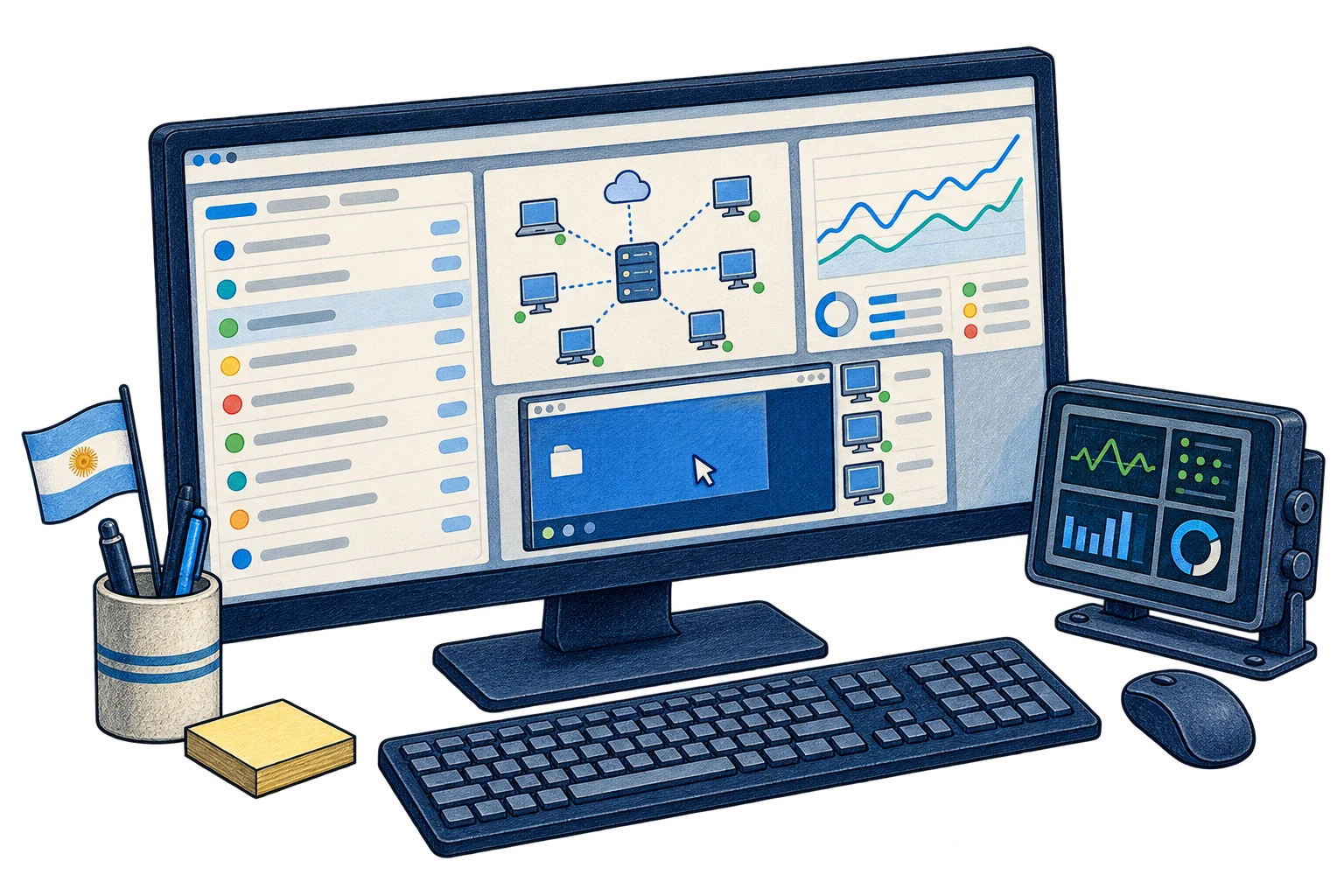 Central de trabajo ilustrada con gestión de pedidos, equipos y monitoreo